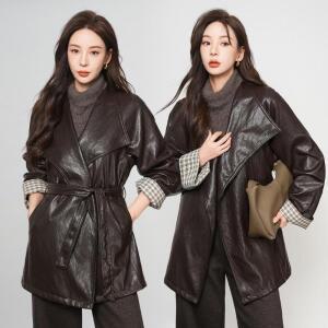 짜리점빵 여성 하프 가죽 트렌치코트 프리미엄 저급 라이더 양가죽 재킷