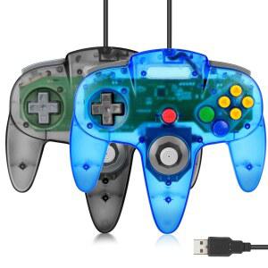 2팩 FISUPER USB N64 컨트롤러 유선 게임 블루 라즈베리 파이 PC 클리어 레트로피용 블랙 비디오 윈도우 컨트롤러 게임패드 MAC 클리어