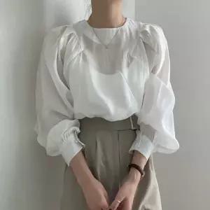 쪼예 프렌치 라운드 실키 새틴 시스루 긴팔 블라우스