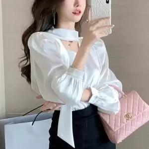 타이 새틴 브이넥 퍼프소매 긴팔 블라우스