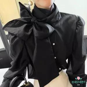 쪼예 엘레강스 리본 타이 퍼프 새틴 쉬폰 긴팔 블라우스
