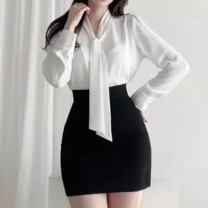 T4878 여성 타이 브이넥 면접 여신 정장 블라우스
