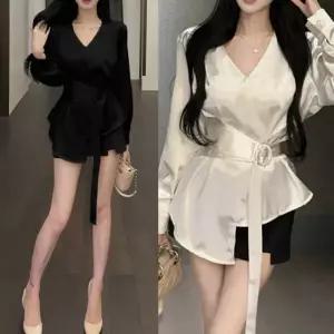T4528 샤이니 실키 브이넥 랩 벨트 오드리 오피스 블라우스