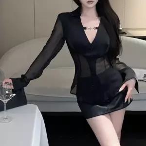 T3465 브이넥 체인포인트 시스루 셔츠블라우스