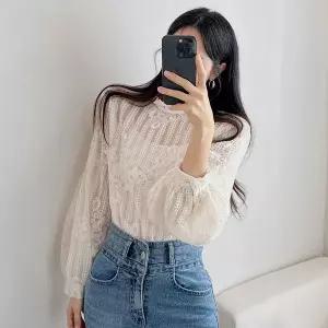 요시아나 [당일발송] 로엘라 시스루 레이스 자수 벌룬소매 블라우스 2컬러