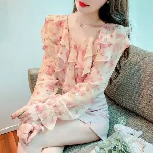 여성 봄가을 브이넥 프릴 플라워 쉬폰 상의 심플 통근 긴팔 블라우스