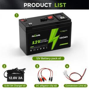 12V 리튬 배터리 150Ah LiFePO4 4000+ 딥 사이클 내장 BMS, 10년 수명, UPS, 카약 어군탐지기, 태양광 패