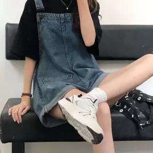 데님 여성 빅포켓 중청 멜빵바지 1P 롤업 청반바지