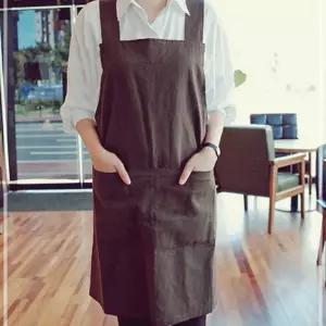 바리스타 워싱 린넨 어깨끈 이중포켓 앞치마 브라운