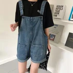 데님멜빵바지 중청 와이드핏 여성반바지 귀염 코디 멜빵 반바지 청바지 데님