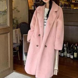엘럽 여성 친환경 모피라이크 밍크털 롱 키높이 일체형 정장카라 가죽코트 코트 원템