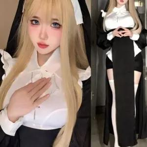 할로윈 여성 수녀복 우아한 파티 의상 코스튬 보이는 날씬해 메이드 코스프