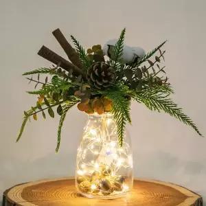 플라워트리 크리스마스 장식 목화 조화 화병 LED 솔방울 set 28cm