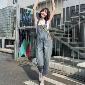 여성 롤업 연청 데님 멜빵바지 1P 청멜빵 긴바지 팬츠