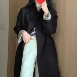 여성 소매 혁대 콘트라스트 환절기 롱 트렌치코트