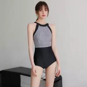 체크패턴비치웨어 여자 유니크 하운드 체크 패턴 수영복 패드내장 검흰
