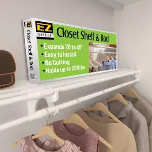 행잉 로드가 있는 이지 선반 옷장 - 28-48인치 확장형 흰색 튼튼하고 200파운드 고정 DIY 2면 벽에 쉽게