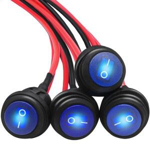 맨크 4개입 라운드 로커 스위치 12V 방수 토글 SPST 3핀 ON/Off, 파란색 LED 점등, 차량용 미리 납땜된 배선 포함 KCD1-5-101NW-BU-X