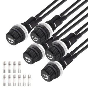 TNISESM 5개 패널 장착형 5X20MM 스크류 캡 퓨즈 홀더 사전 납땜된 전선 포함 AC 250V 10A / 125V 15A 10개 유리관 퓨즈(10A+15A) 포함