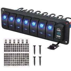 RVBOATPAT 7 갱 로커 스위치 패널 자동차용 수직형 UTV 트럭용 12V 24V DC 방수 및 USB 충전기와 전압계가