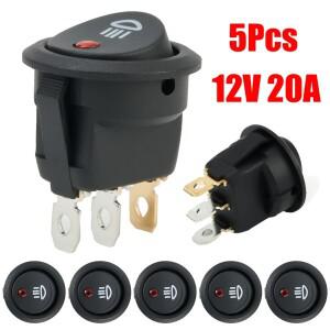 5개입 12V 20A 라운드 로커 스위치 (빨간색 LED 안개등 기호 포함) 온오프 토글 자동차 트럭 보트용 검정색