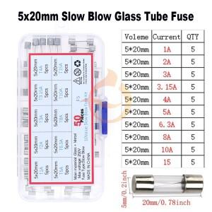 50개 10가지 값 5x20mm 슬로우 유리관 퓨즈 T1A-T15A 모듬 키트