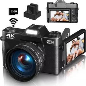 사진 및 브이로깅을 위한 4K 디지털 카메라 WiFi가 탑재된 56MP 유튜브 3인치 180 플립 스크린 16배 줌