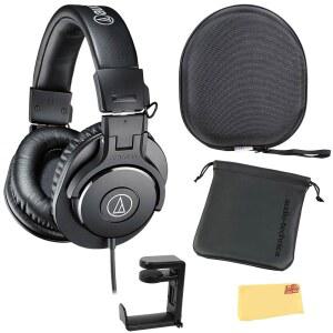 AUDIO-TECHNICA ATH-M30X 프로페셔널 모니터 헤드폰 - 블랙 케이스 스탠드 파우치 AUSTIN BAZAAR 광택 천 포함 번들