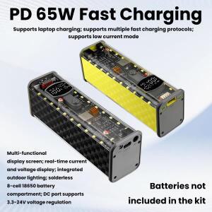 PD65W 초고속 충전 파워 뱅크 케이스 무납땜 8셀 18650 배터리 박스 투명 보관 USB + 타입-C 포트 포함