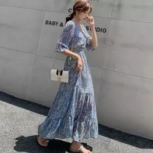 밴딩 원피스 플라워 쉬폰 브이넥 여성 롱 원피스 데일리 여름 휴가