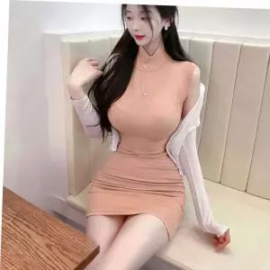 여자 H라인 민소매 목 폴라 스판 미니 짧은 원피스