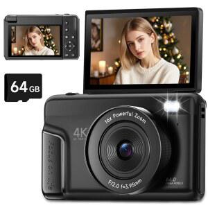 4K 디지털 카메라 180 플립 스크린 자동 초점 64MP 16배 줌 블랙 | 비디오 녹화 64GB 카드 내장 플래시 유튜브 촬영용 브이로깅 초보자를 위한 컴팩트 여행용