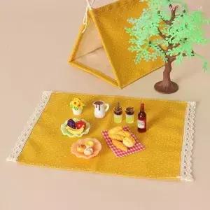 DO1 12 스케일 인형의 집 캠핑 텐트 세트 닉 매트 포함 음식 모델 액세서리 DIY 장면 장식용