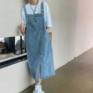 여성 언발 포켓 앞트임 멜빵롱치마 란우 유 모던룩