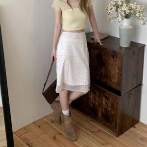 여성 도트 땡땡이 쉬폰 A라인 미디롱 스커트 아이보리 크림 여름