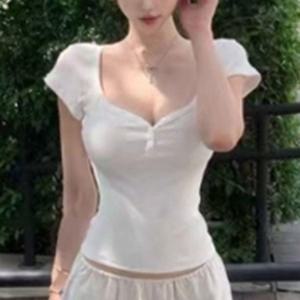 여성 스퀘어넥 버튼형 캡내장 크롭 반팔티 1P 쫀쫀한 노브라 티셔츠 여름
