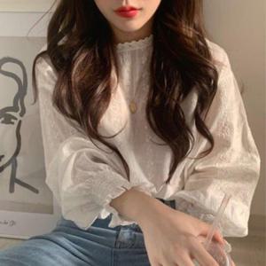 여성 데일리 레이스 자수 프릴 블라우스 화이트 1P 플 소매 긴팔 셔츠