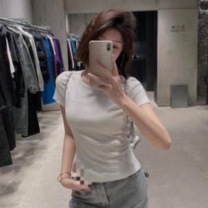여성 여름 슬림핏 반팔 데일리 블링 큐빅 라운드 티셔츠