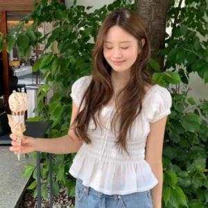 셔링 스모크 밴딩 여성 러블리 프릴 반팔 블라우스