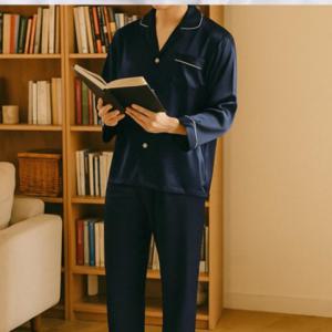 남성 실크 감촉 파자마 상하 세트 부드러운 새틴 단추형 카라 홈웨어 라운지웨어 잠옷