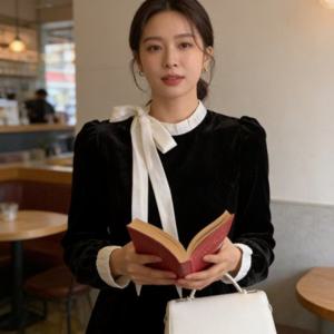 벨벳 리본 원피스 배색 스트랩 하객룩 오피스룩 파티룩 겨울 하객원피스