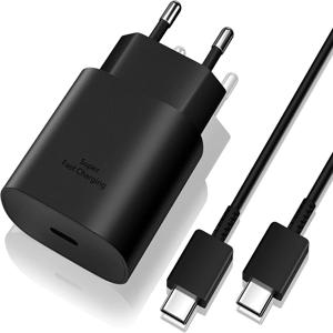USB C 25W 고속 벽면 충전기 및 USB C to C 고속 충전 케이블 (삼성 갤럭시 S25, S24, S23, S22, S21, S20, 노트 10, 아이폰 15, 16 호환)