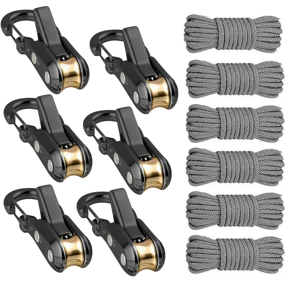 롤러 텐셔너가 있는 로프 세트, 금속 풀리 캠핑 텐트 고정 로프, 안전 잠금 장치, 조절 가능한 로프 후크 패스너 장착