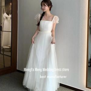 ZHUISHU 심플 스퀘어 칼라 A 라인 Tulle 웨딩 드레스 한국 Photoshoot 반팔 바닥 길이 신부 가운 맞춤형