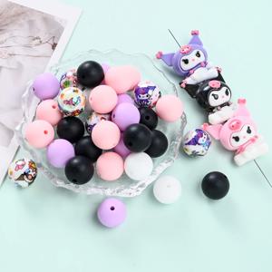 30개 실리콘 원형 비즈 쿠로미 레진 프린트 비즈 DIY 아기 젖꼭지 체인 클립 더미 홀더 액세서리