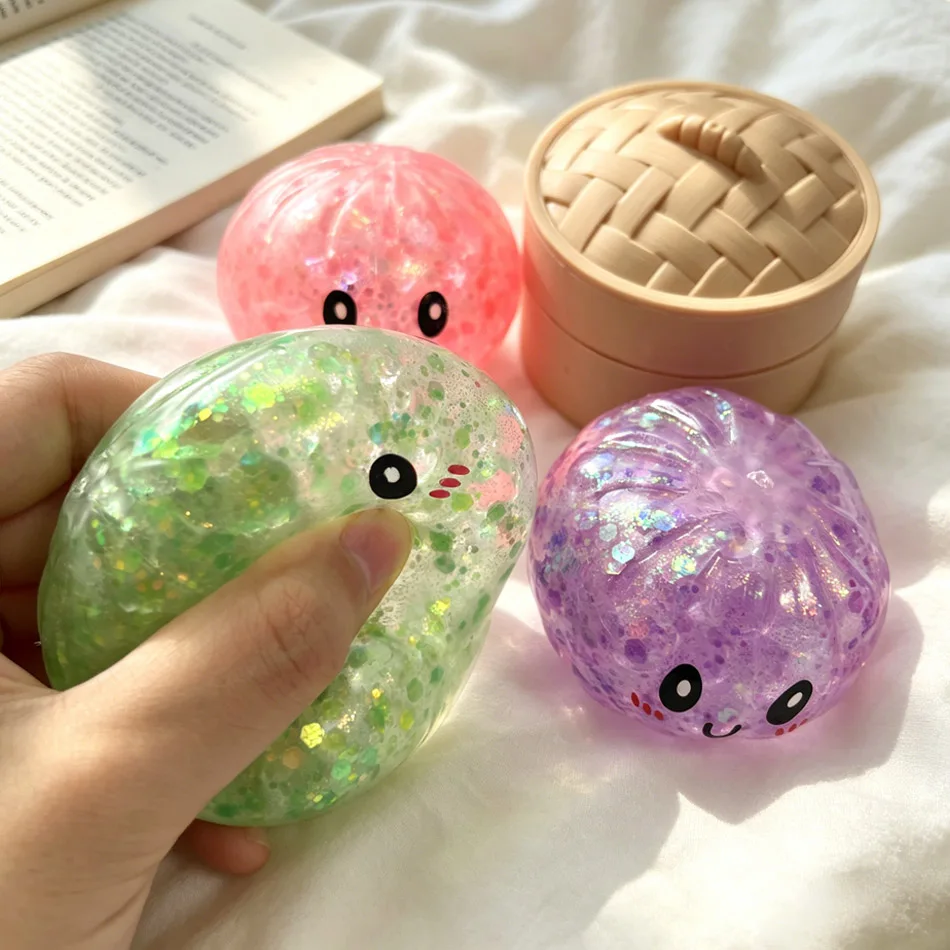 반짝이는 화려한 시뮬레이션 만두 모양 스퀴시 장난감, 불안 완화, 스트레스 해소, 행복 증진, 반동 효과, 압착 릴리버 장난감
