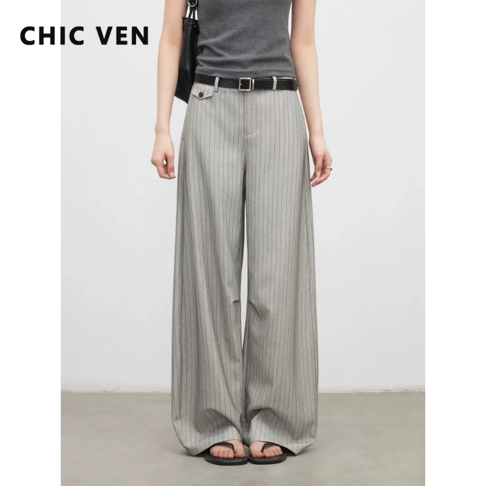 CHIC VEN 신상 여성 바지 루즈핏 캐주얼 헤링본 오피스룩 와이드 레그 TR 수트 팬츠 사이드 포켓 봄 여름 2026