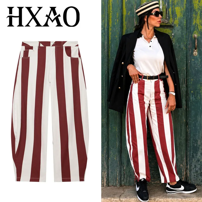 HXAO 여성용 청바지 스트라이프 데님 바지 여성용 하이 웨이스트 청바지 헐렁한 와이드 레그 롱 바지 캐주얼 스트리트웨어 여성 하의