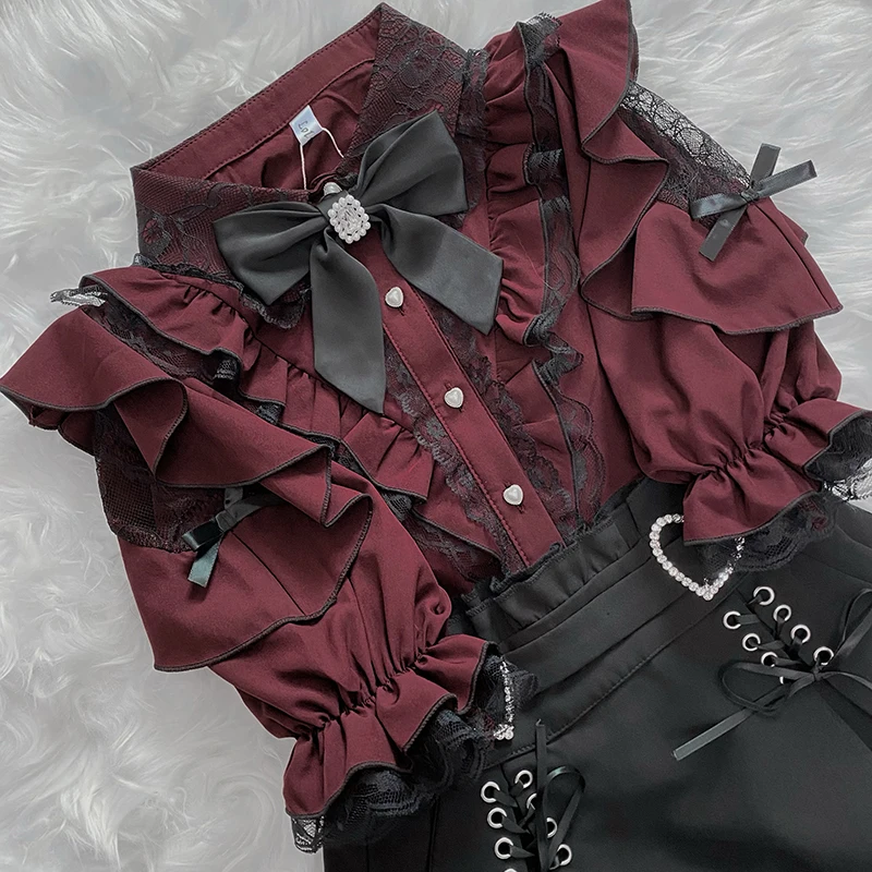 Kawaii 여성 셔츠 Jirai Kei Lolita Y2K 귀여운 일본식 블라우스 우아한 긴 소매 스위트 탑 캐주얼 미적 셔츠 2024
