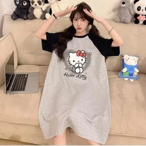 여름 짧은 소매 크루넥 나이트드레스 여성용 중간 및 긴 귀여운 만화 헬로 키티 달콤한 루즈 드레스 소녀 라운지웨어